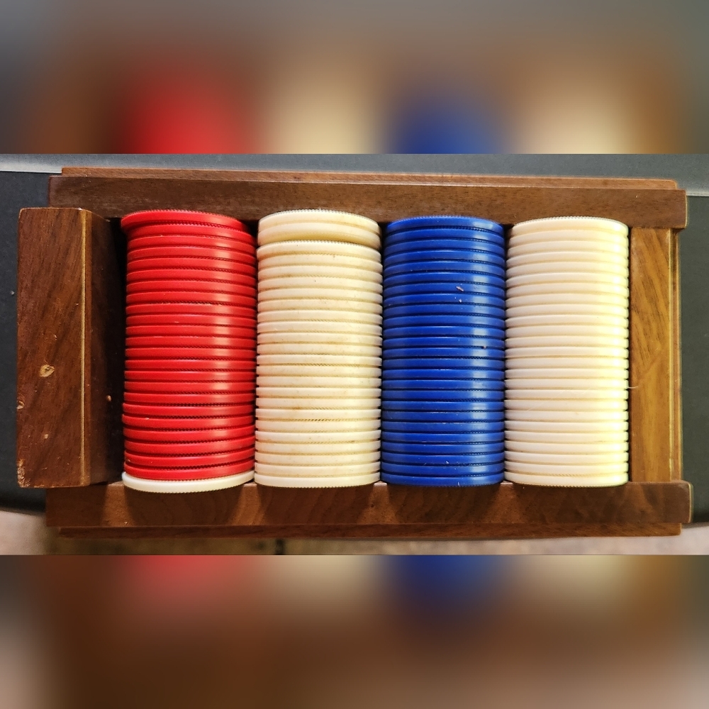 WM. Drueke & Sons, INC Poker Chips in Wooden Box - Used and in great condition!